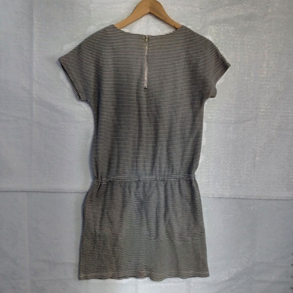 Lou & Grey XS Drawstring Cotton Blend Mini Dress with Pockets Gray White Stripe - Picture 2 of 10